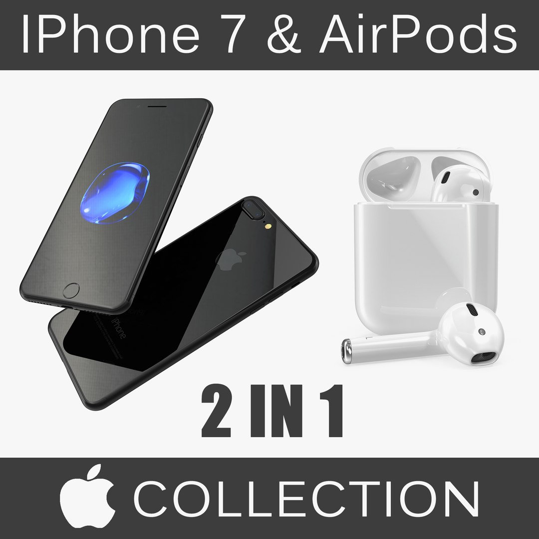 IPhone 7 Plus Jet Black and AirPods 3D Models Collection 3D model preview