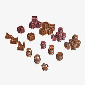 Stylized props wood box and barrels pack model