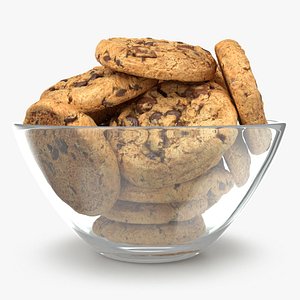 3D Chocolate Chip Cookies In A Glass Bowl