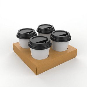 Four Coffee Cups with Kraft Paper Holder 3D