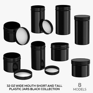 3D 32 oz Wide Mouth Short and Tall Plastic Jars Collection Black - 8 models model