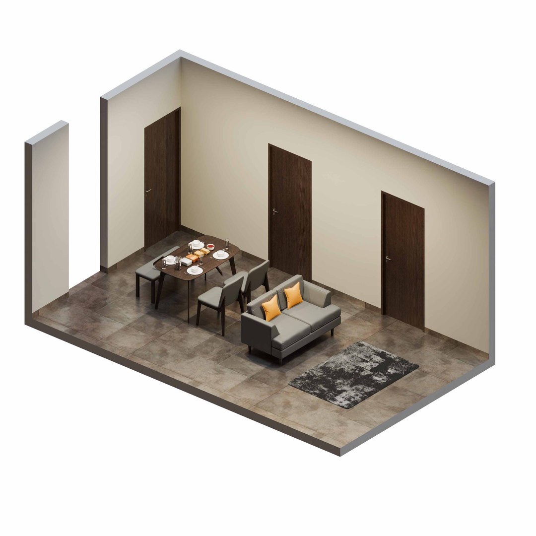 Isometric Open Space Interior Dining Living Room 3D Model - TurboSquid ...