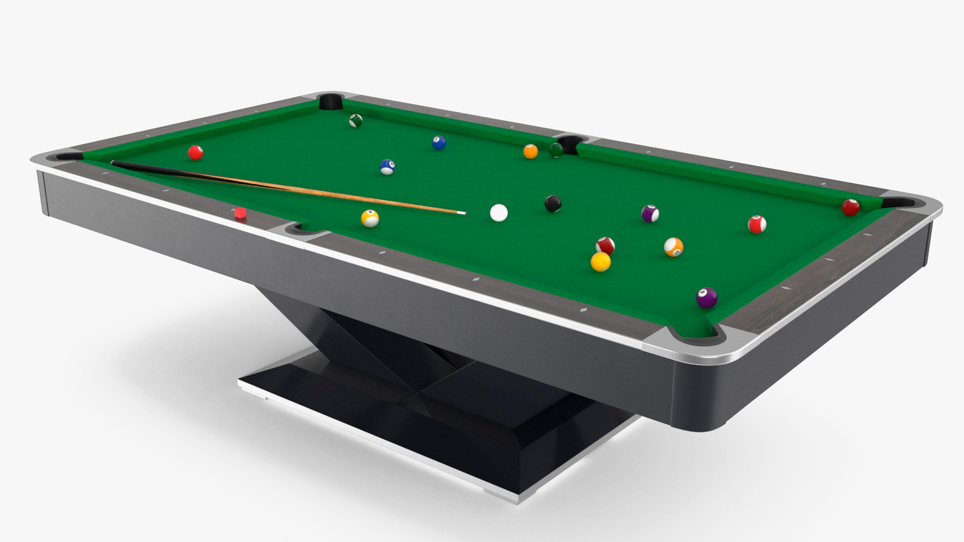 Professional American Pool Table Green with Balls and Cue 3D model preview