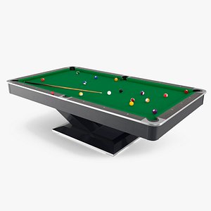3D Professional American Pool Table Green with Balls and Cue model