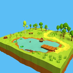 3D model cartoon forest pond