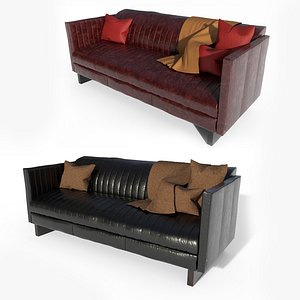 2 Modern Leather Sofa with Pillows 3D model