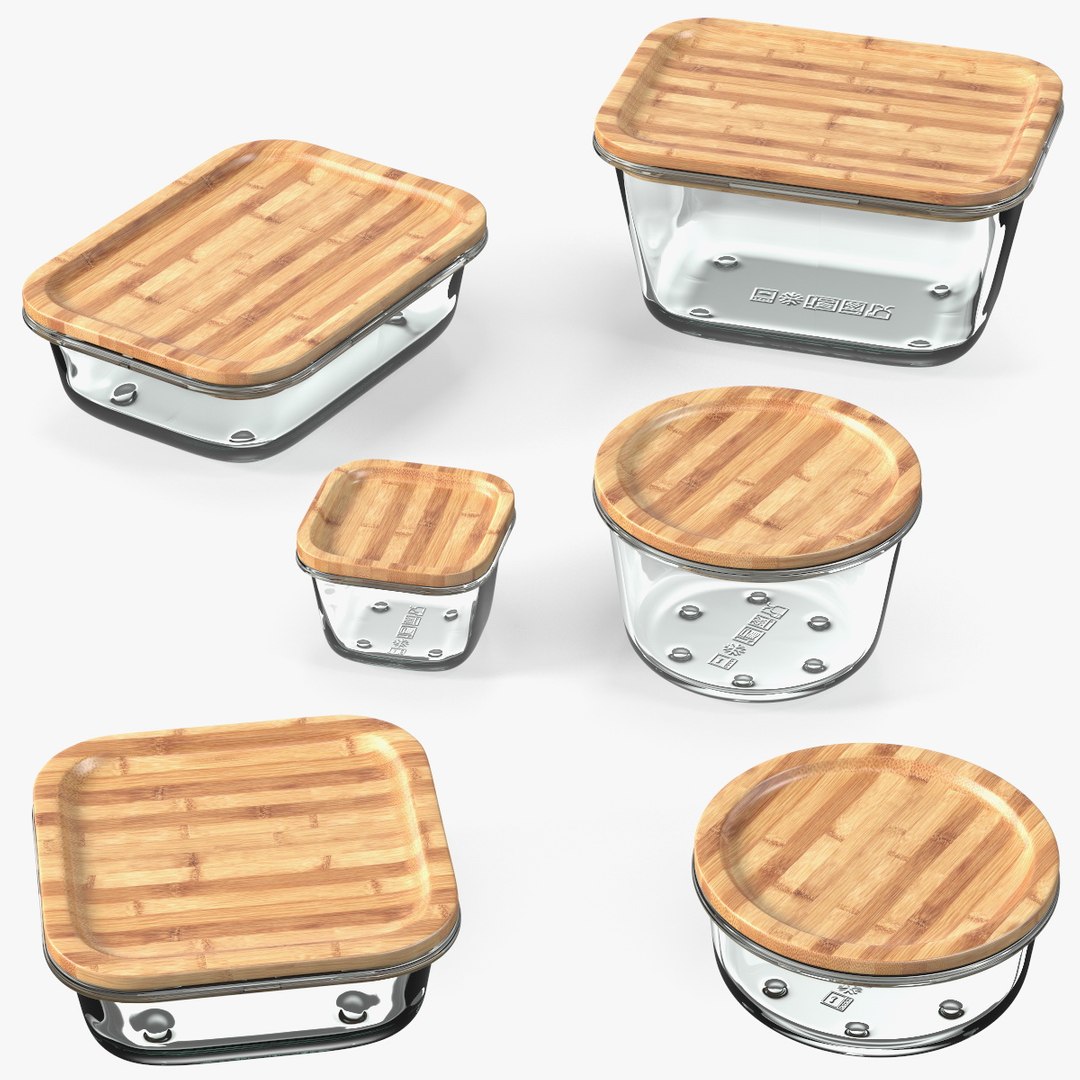 Glass Food Storage Containers with Bamboo Lids Set 3D model preview