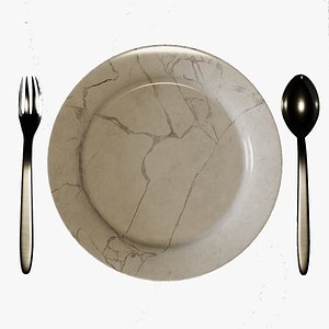Marble Plate and Metal Spoon-Fork Collection 3D model