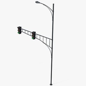 3D Green Traffic Light And Street Light Pole model