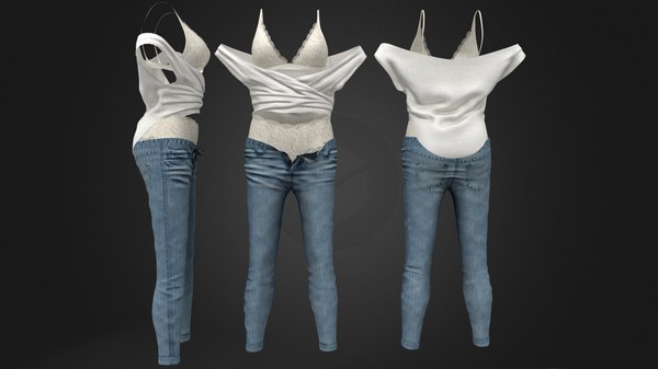Rolled Down Jeans With Panties Under Outfit 3D model