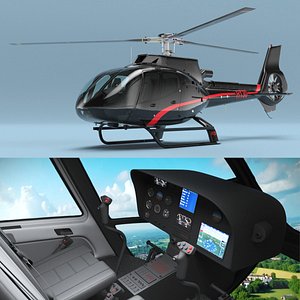 3D Airbus H130 Light Helicopter Black Red with Interior Rigged