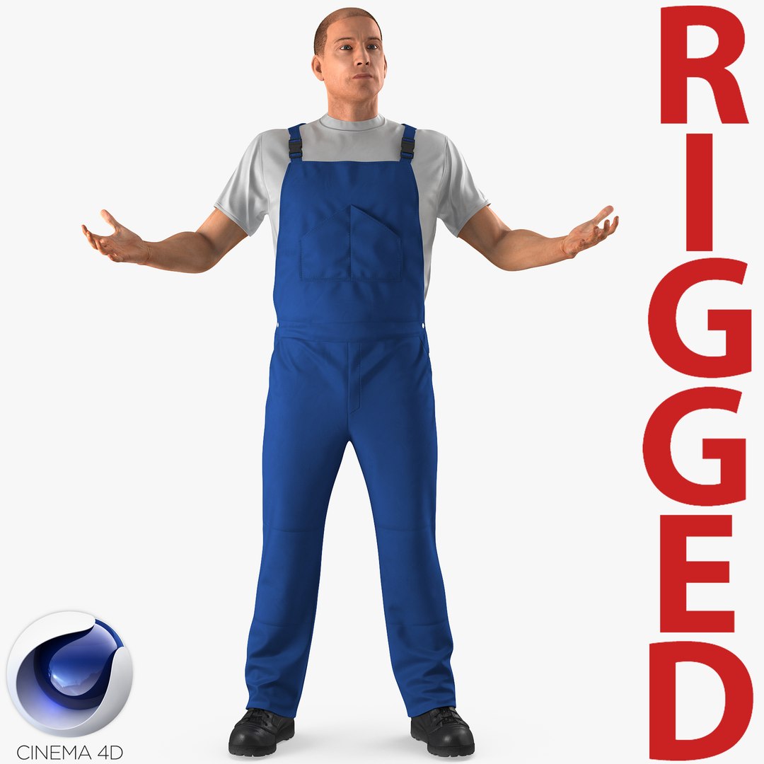 Worker Wearing Boiler Suit Rigged for Cinema 4D 3D model preview