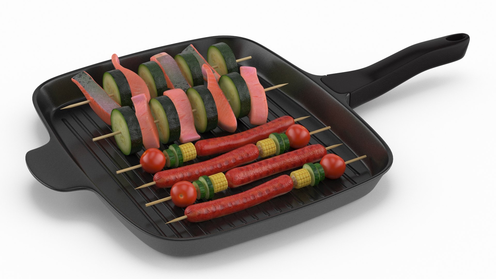 Skewers with Food on Grill Pan 3D model preview