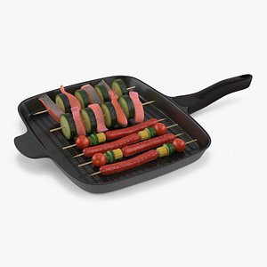 Skewers with Food on Grill Pan 3D