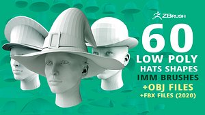 3D 60 Low-poly hat and headwear base mesh shapes IMM shapes Zbrush set and fbx obj files