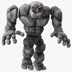 Stone Golem Cartoon Character Gray Walking Pose