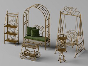 3D Vintage Golden Wrought Iron Garden Furniture and Decor Set