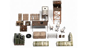 Post Apocalyptic Outpost Pack Guard Tower Water Tank Barriers Crates and Props 3D model