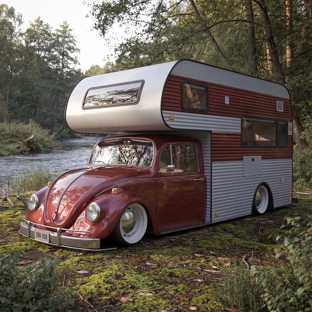 Volkswagen Retro Camper Van Red Rigged 3D model preview