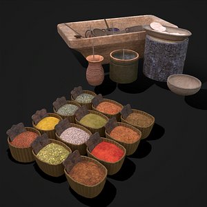 3D Medieval Style Food Bowls and Spice Baskets model