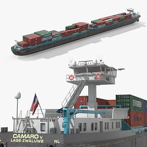 Camaro V River Cargo Barge With Load Dutch Flag Gray Rigged for Maya 3D
