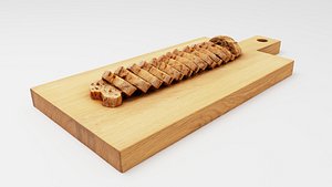 Slices of buckwheat roll or loaf on wooden chopping board 3D
