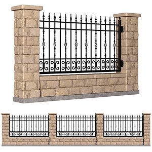 3D Entrance Driveway Iron Fence Pillars model