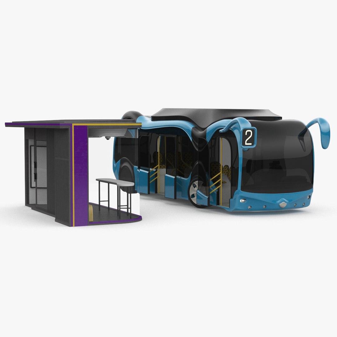 Futuristic Public Transportation Bus with Station Rigged 3D model preview