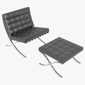 3D model Knoll Black Leather Barcelona Chair and Stool Ottoman Set