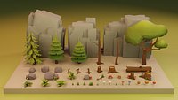 Low Poly Cartoon Trees Grass Plants and Rocks