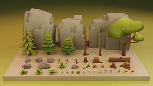 Low Poly Cartoon Trees Grass Plants and Rocks