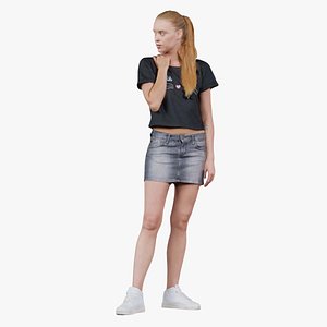 Ponytail Woman Wearing Cat Shirt and Jeans Shorts Remastered model