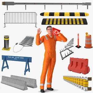 Road Worker with Road Barriers Collection Rigged for Maya