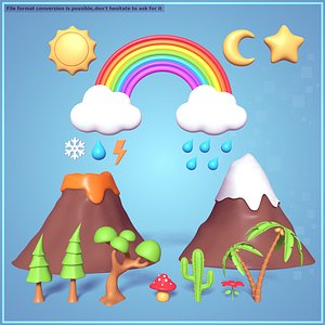 Cartoon Nature Pack -- Icons -- Sun Moon Star Cloud Mountain volcano Tree Palm Mushroom