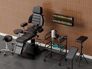 Tattoo Artist Chair and Workstation Set 3D Model 3D model