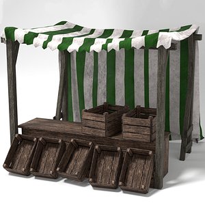 Medieval Market Stall Tent Green and White 3D Model with Crates