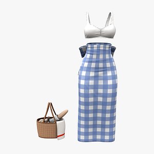 Retro Picnic Outfit Skirt Top Basket 3D
