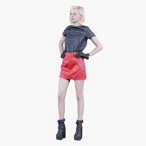 3D Fetish Woman in Red Leather Skirt and Top Remastered model