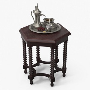 3D Middle Eastern Silver Coffee Set on Table with Dried Dates