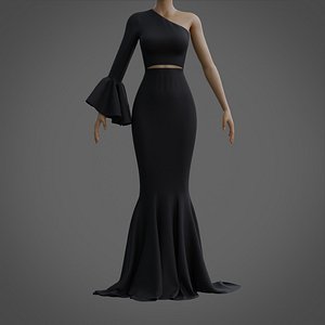 Black mermaid gown - prom dress with ruffled sleeve