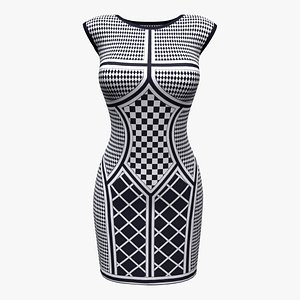 Sleeveless Round Neck Short Skirt Midi Chess Dress 3D model