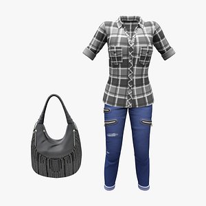 3D Checkered Shirt Denims Handbag Casual Outfit