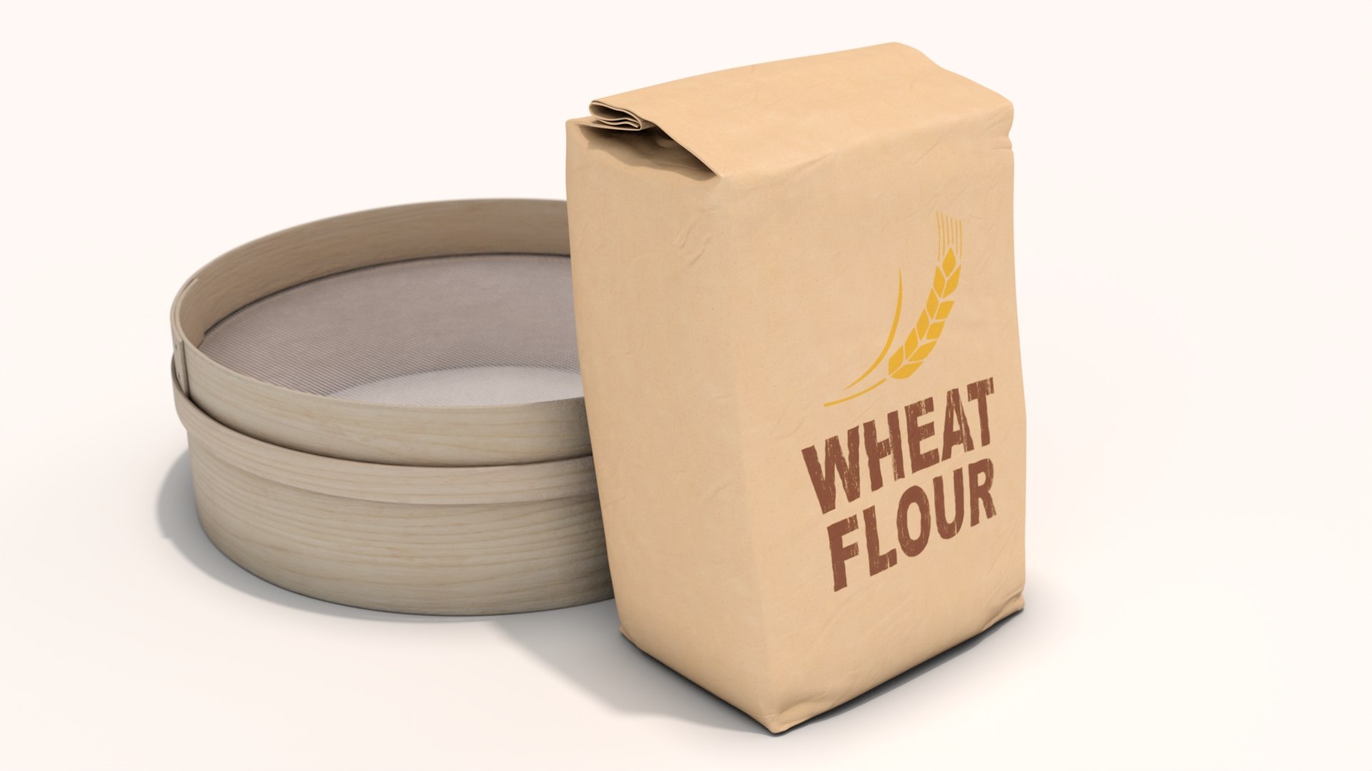 Wheat Flour and Wooden Sieve 3D model for industrial visualization, technical presentation, simulation, product rendering, and animation
