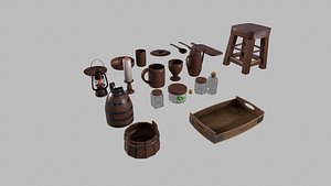 medieval kitchen utensils chairs lanterns 3D