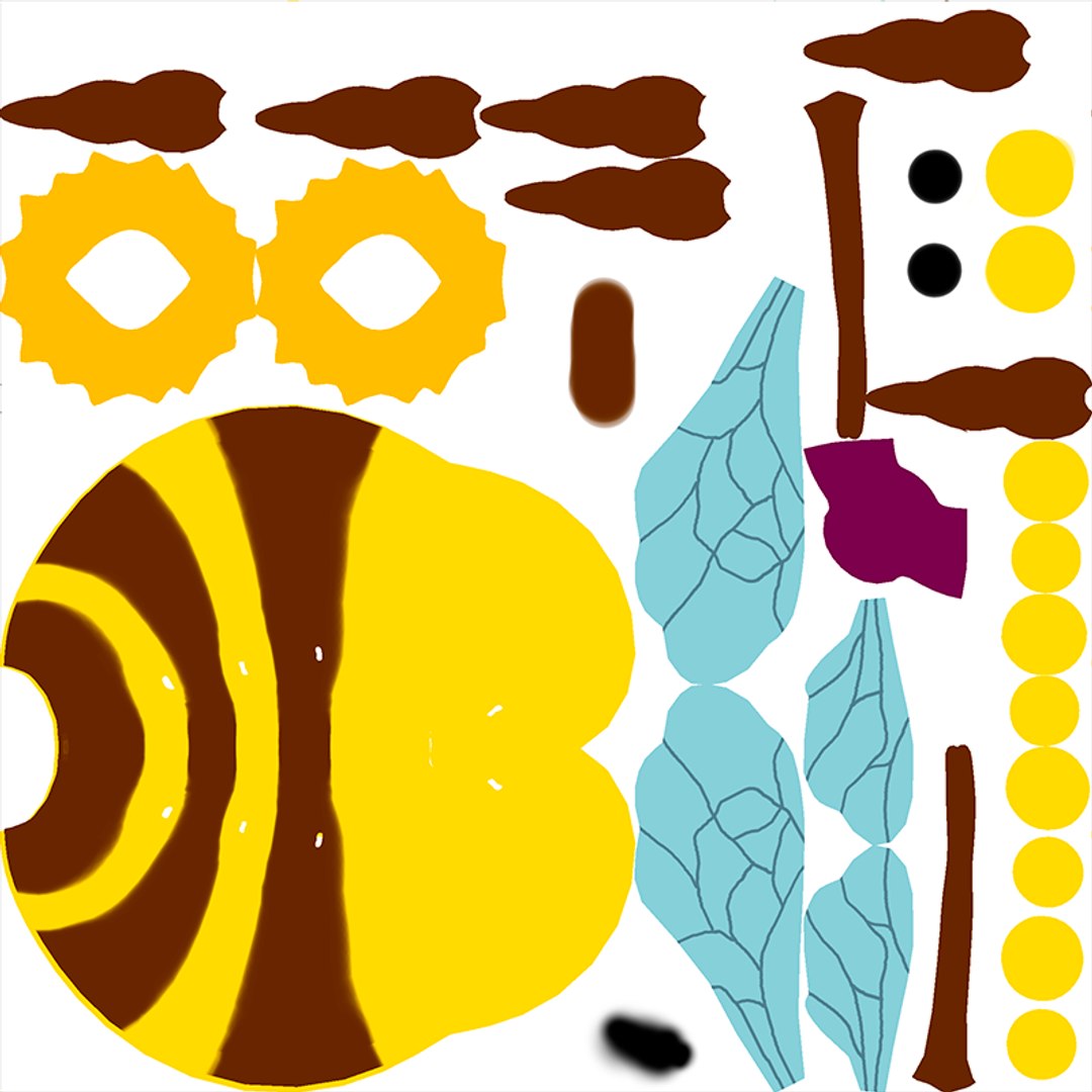 3D Cartoon Bee model https://p.turbosquid.com/ts-thumb/MZ/zOgVIc/N1/uvs/png/1673800345/1920x1080/fit_q87/75effbc80dd288bbf52f5657b89dfec1c11149c9/uvs.jpg