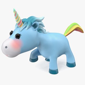 3D Blue Cartoon Unicorn Walking Pose