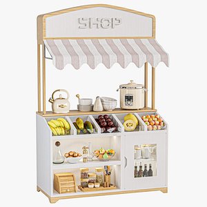3D A display case in a supermarket with food products and kitchen appliances