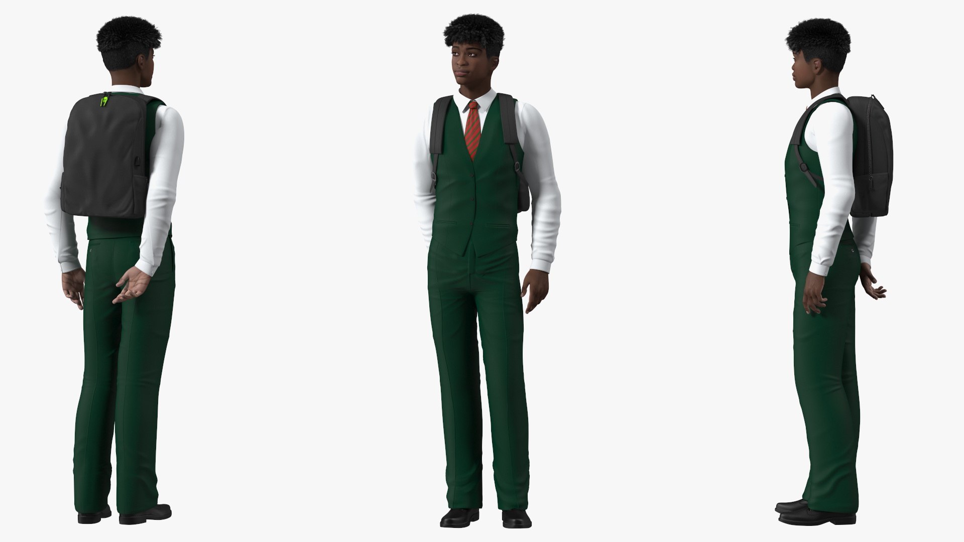 Black Teenager Dark Skin School Uniform Standing Pose 3D model preview