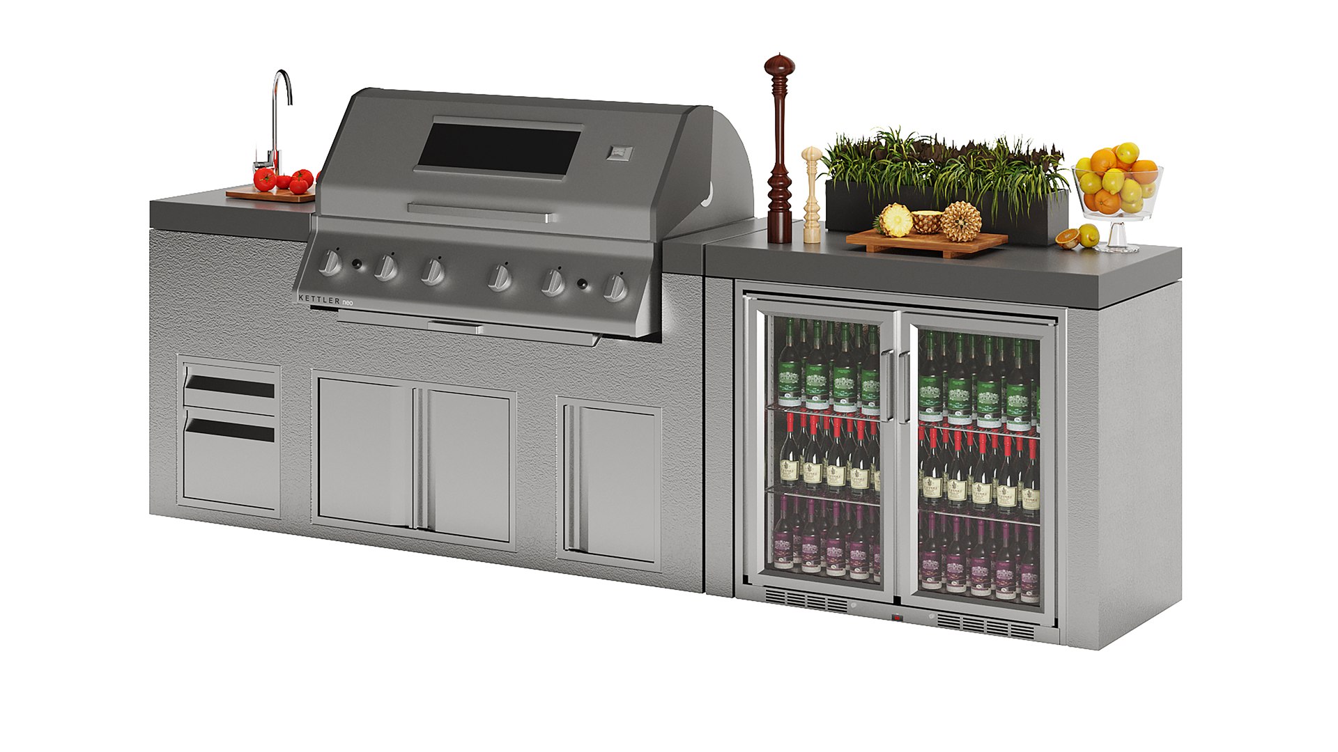 Kettler Neo Outdoor Kitchen 6 Burner Gas BBQ With Beverage Fridge 3D