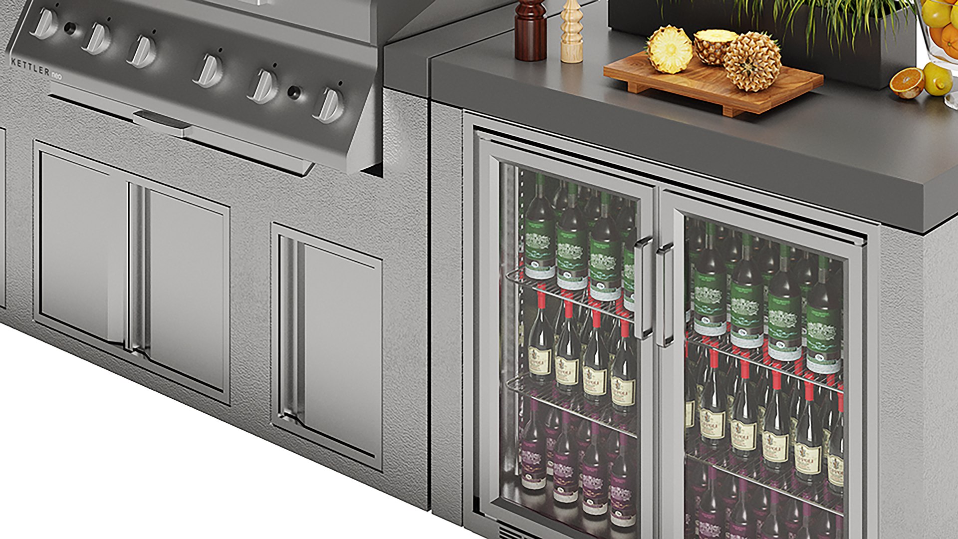 Kettler Neo Outdoor Kitchen 6 Burner Gas BBQ With Beverage Fridge 3D